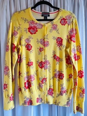 Lands' End Yellow Floral Button-Front Supima Cotton Cardigan Size S
